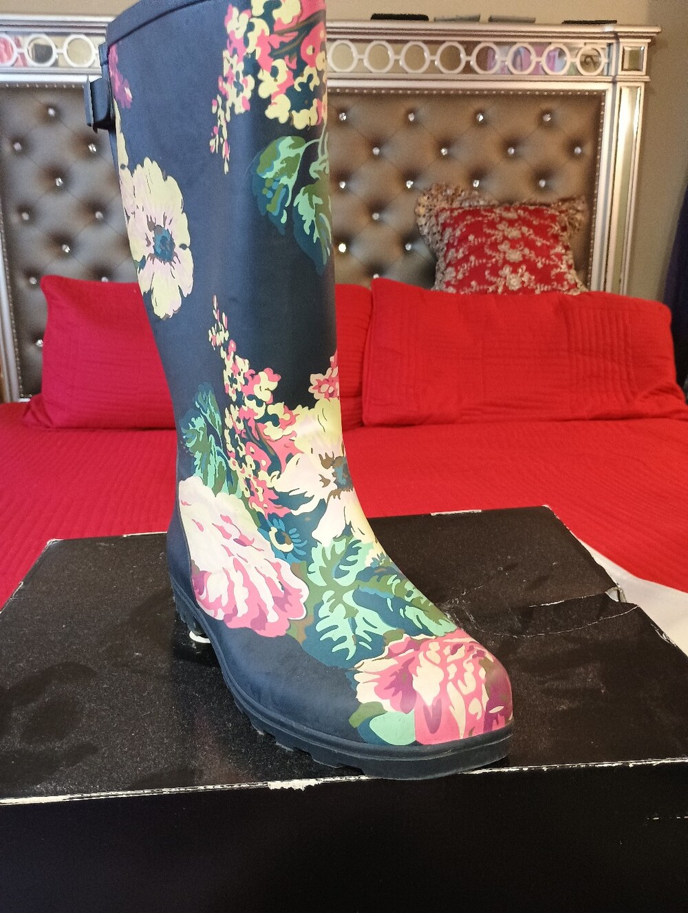 torrid Navy Floral Waterproof Rain Boots with Pink & Green Blooms
